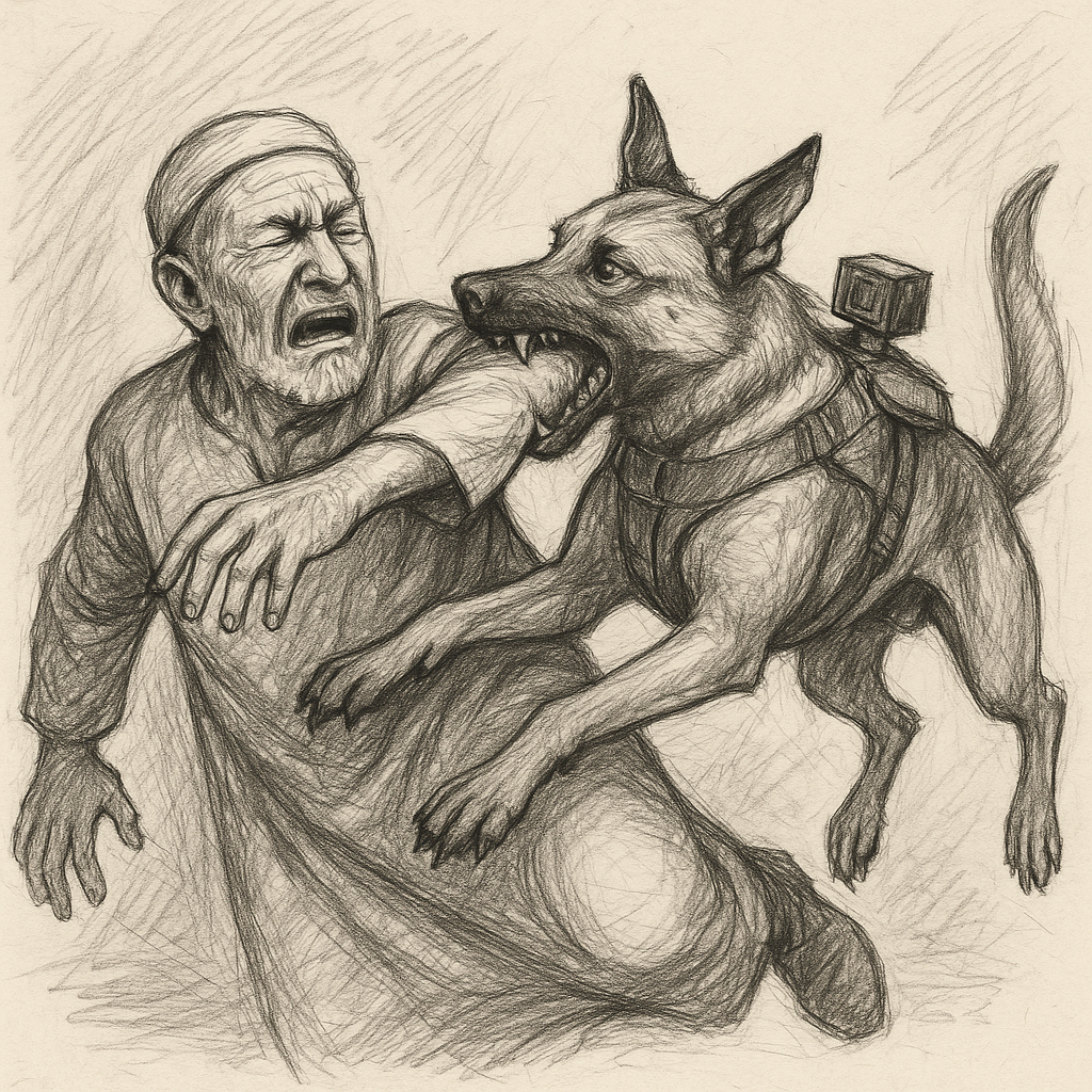 Attaque d'un chien militaire israélien contre un vieil homme à Gaza. (Photo générée par IA)