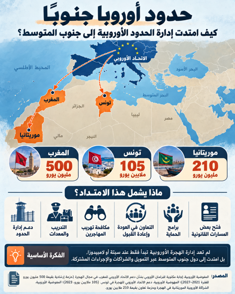 إنفوغرافيك: امتداد إدارة الهجرة والحدود الأوروبية إلى جنوب المتوسط عبر التمويل والشراكات مع المغرب وتونس وموريتانيا.